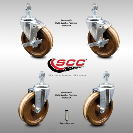 Service Caster 5 Inch SS High Temp Phenolic Swivel 12mm Threaded Stem Caster Brakes, 2PK SCC-SSTS20S514-PHSHT-M1215-2-TLB-2